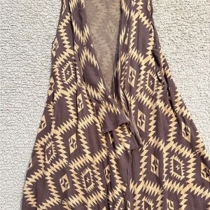 Brown and Cream Aztec Patterned Draped Open Front Cardigan